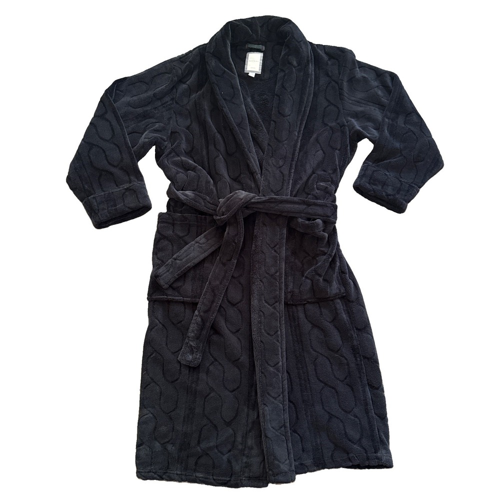 Daniel Buchler Plush Fleece Robe Men M/L Black Shawl Collar Belted Embossed
